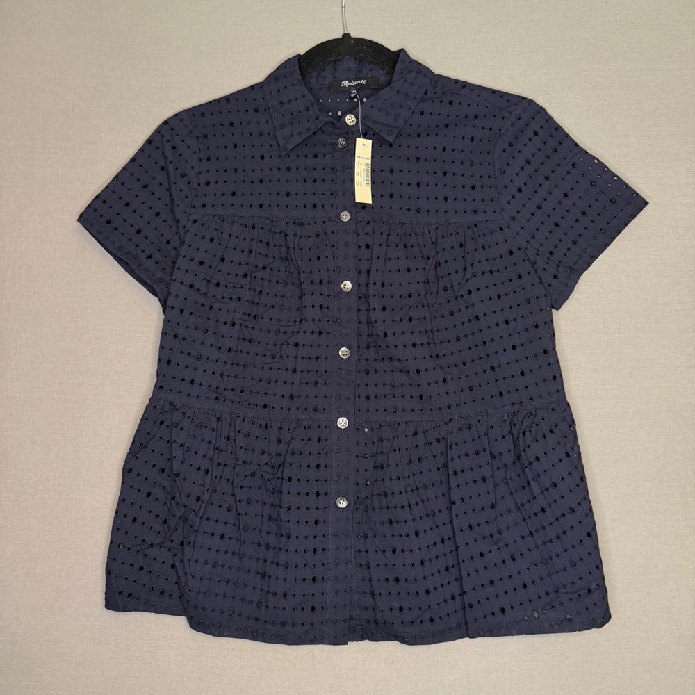 Madewell Navy Blue Cotton Eyelet Tiered Button Down Top J7916 Womens XS NEW
